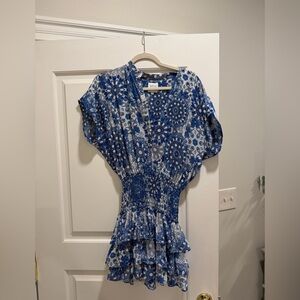Misa Los Angeles Blue Floral Smocked Waist Tiered Mini Dress